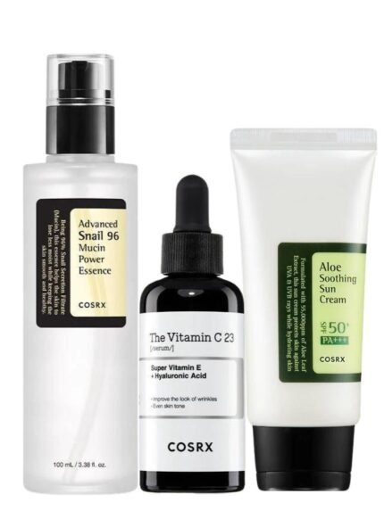 Cosrx Ultimate Skincare Renewal Trio - Advanced Snail 96 Mucin Power Essence, The Vitamin C 23 Serum, and Aloe Soothing Sun Cream SPF50+/ PA+++