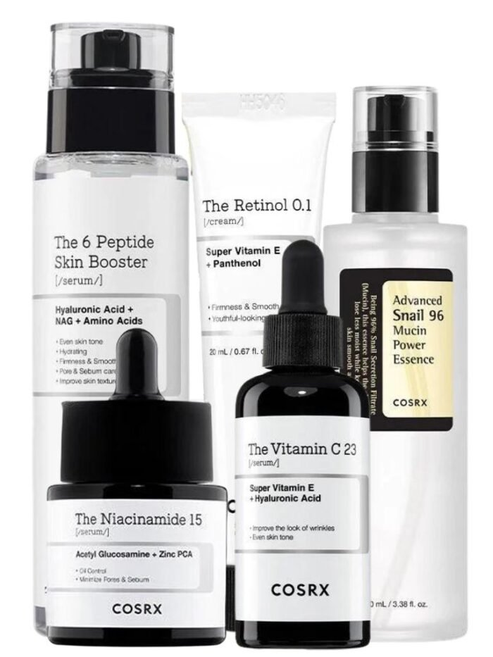 Cosrx Complete Skincare Routine - Advanced Snail 96 Mucin Power Essence, Snail 92 All in One Cream, Retinol 0.1 Cream, Niacinamide 15 Serum, and 6 Peptide Skin Booster Serum