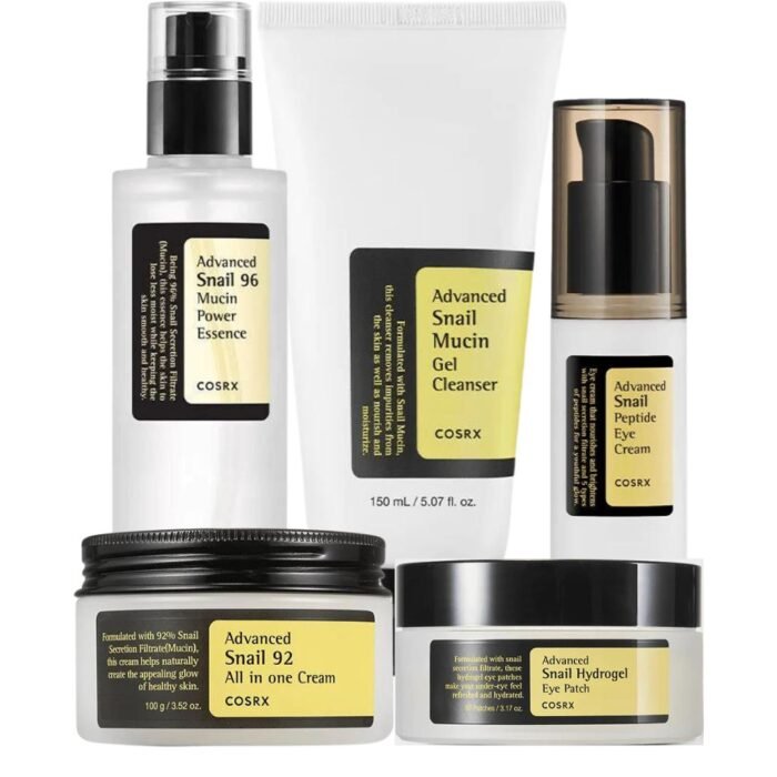 Cosrx Optimal Snail-Powered Skincare Pack Advanced Snail 96 Mucin Power Essence, 92 All-in-One Cream, Peptide Eye Cream, Gel Cleanser, and Hydrogel Eye Patch