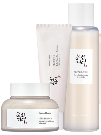 Beauty of Joseon Radiant Glow Pack & Face Scrubber - Ground Rice & Honey Mask - Glow Replenishing Rice Milk - & Relief Sun with Probiotics Set for a Nourished, Protected, and Radiant Complexion