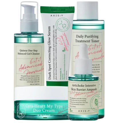 AXIS-Y Tranquility Set for Radiant Skin - Purifying Cleansing Gel, Balancing Toner, Barrier Repair Ampoule, Brightening Glow Serum, and Hydrating Duo Cream