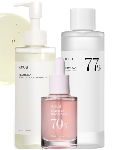 Anua Set - Pore Control Cleansing Oil - Niacinamide Serum & 77% Soothing Toner I pH 5.5 - Peach Serum